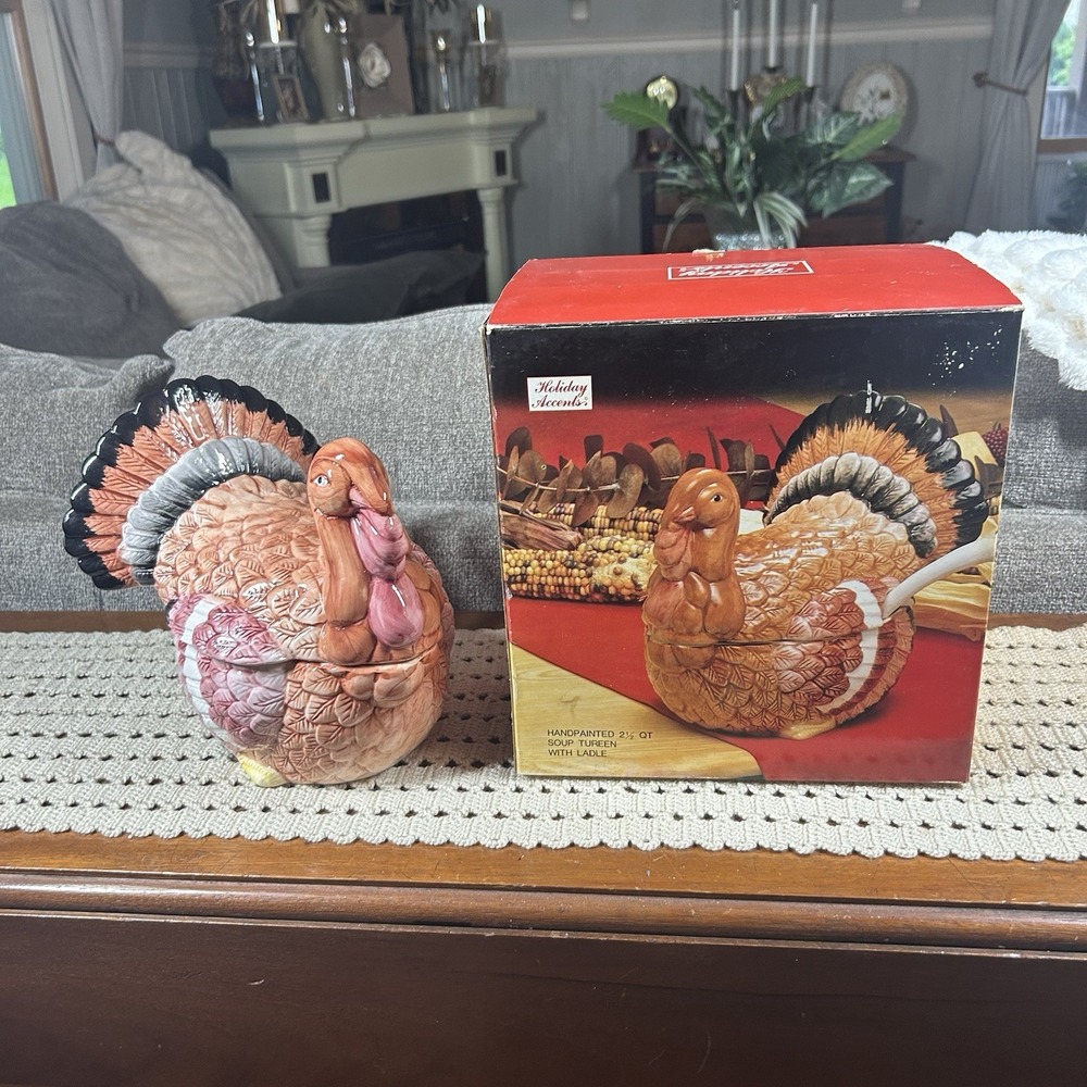 Vtg 2.5 Qt. Ceramic Turkey Soup Tureen with LID and LADLE Farmhouse Country 90s